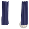 Navy outdoor curtains waterproof tab top with reinforced grommets hanging from stone archway framing poolside view
