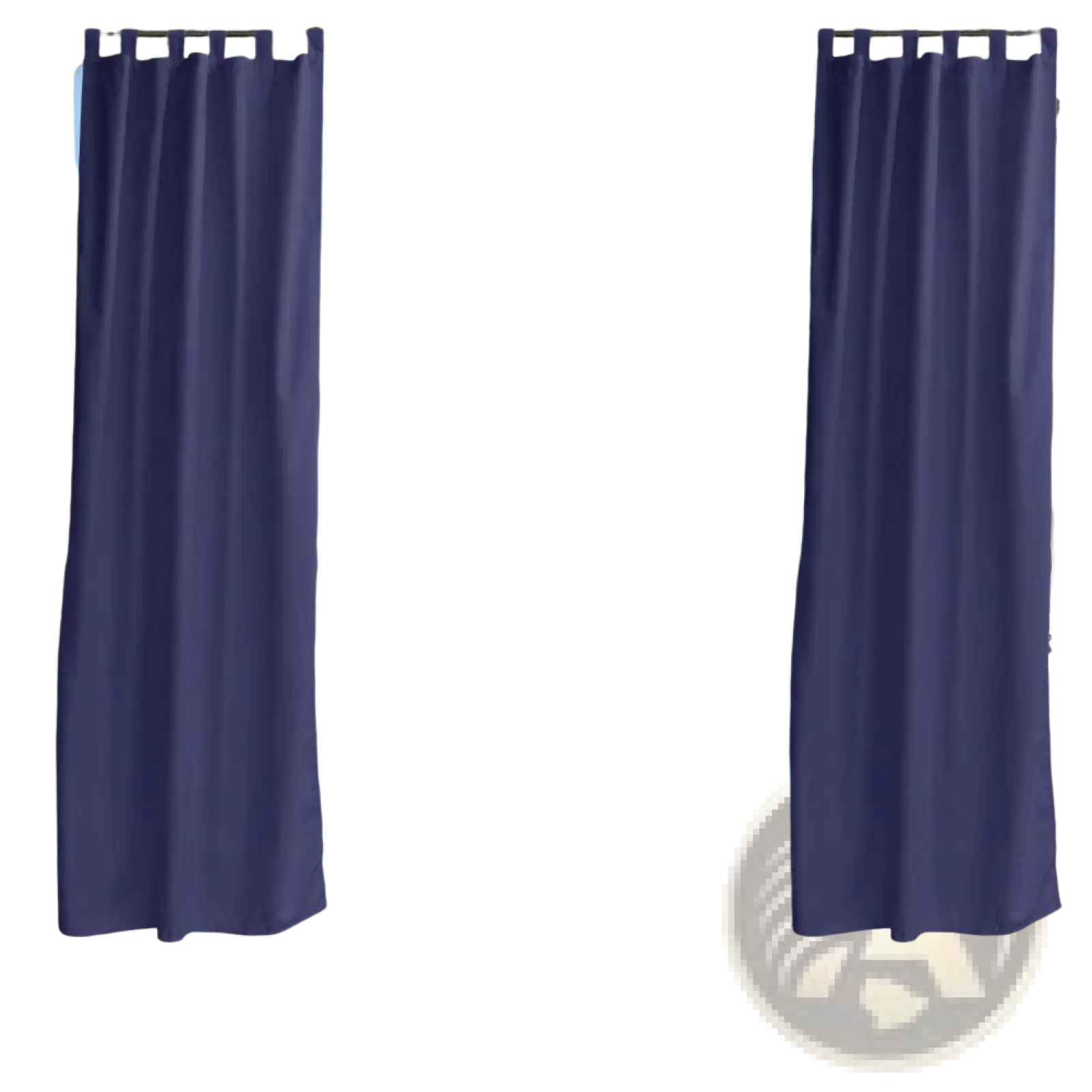 Navy outdoor curtains waterproof tab top with reinforced grommets hanging from stone archway framing poolside view