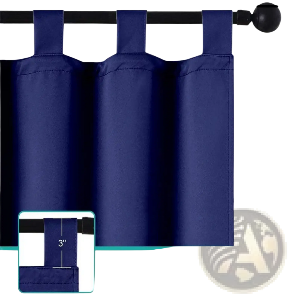 Deep navy blue waterproof outdoor curtain with smooth durable fabric and reinforced tab top for easy hanging 50x96