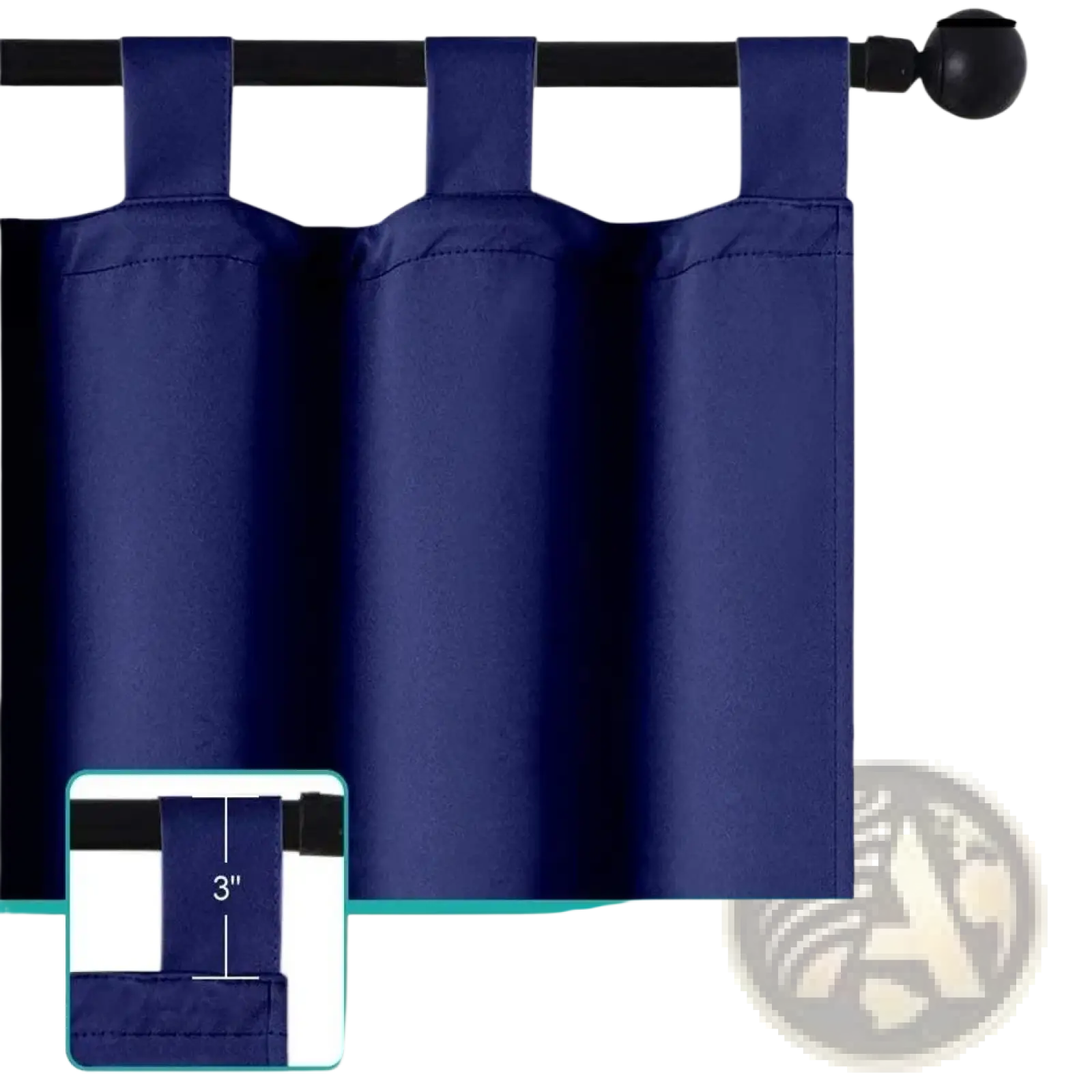 Deep navy blue waterproof outdoor curtain with smooth durable fabric and reinforced tab top for easy hanging 50x96