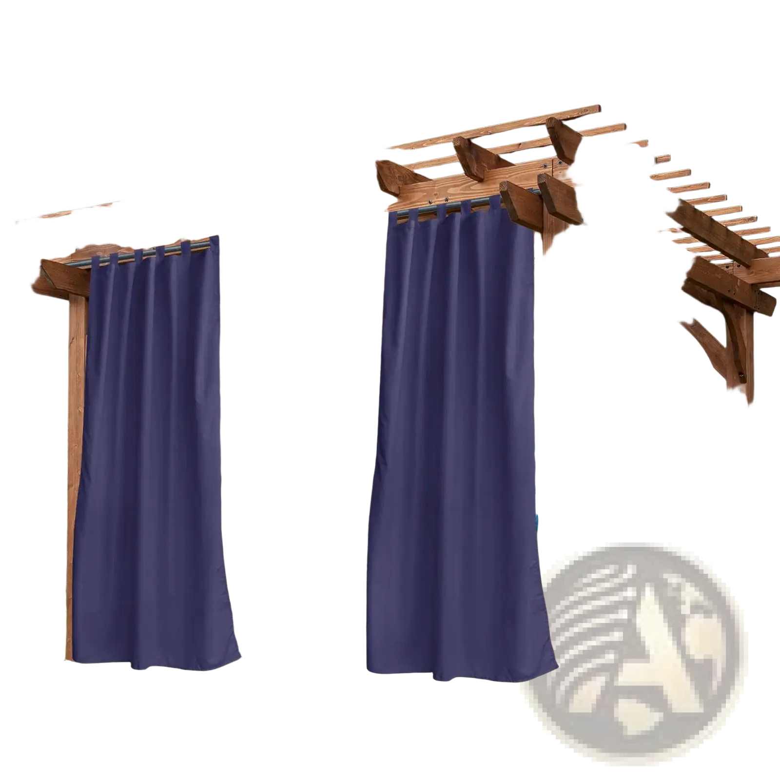 Deep navy blue waterproof outdoor curtains with tab tops hanging from a wooden pergola measuring 50x96 inches