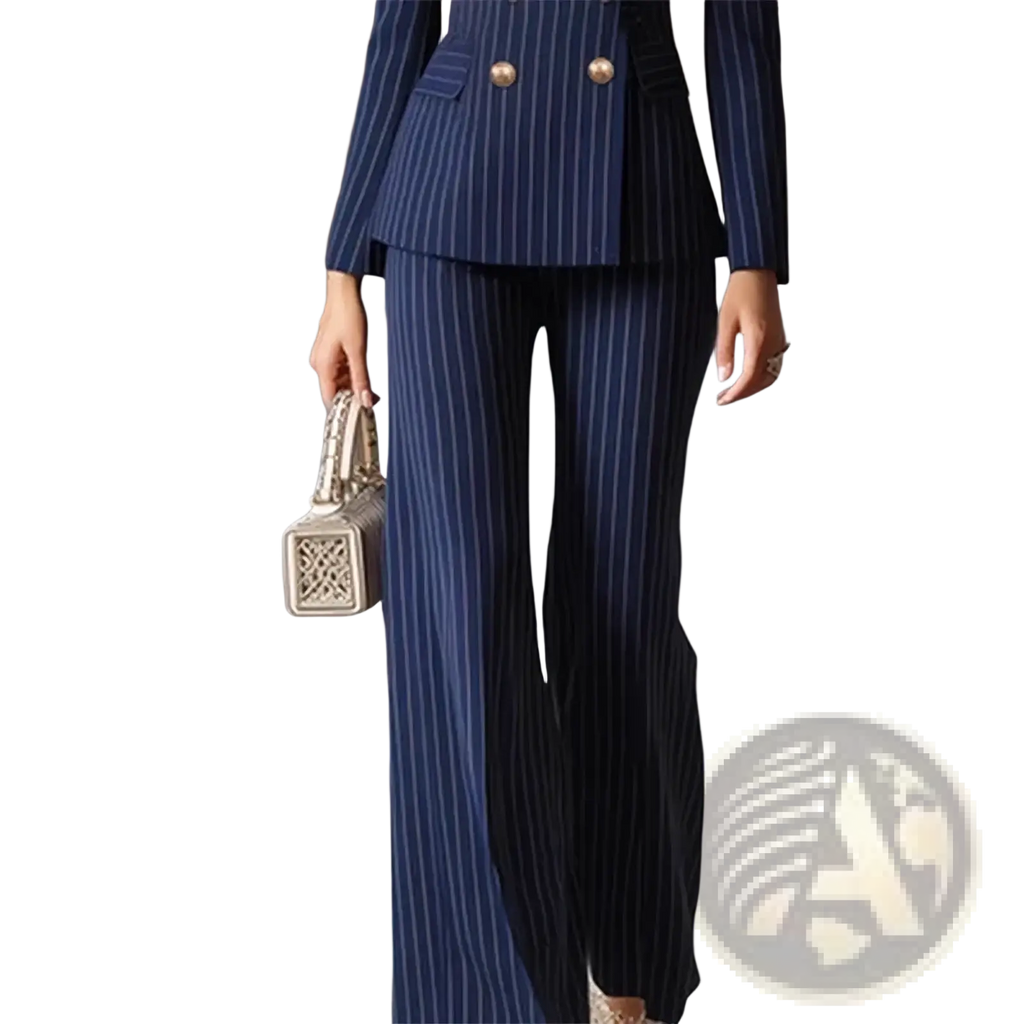 Navy pinstripe suit featuring wide-leg trousers and gold buttons on a classic blazer front view