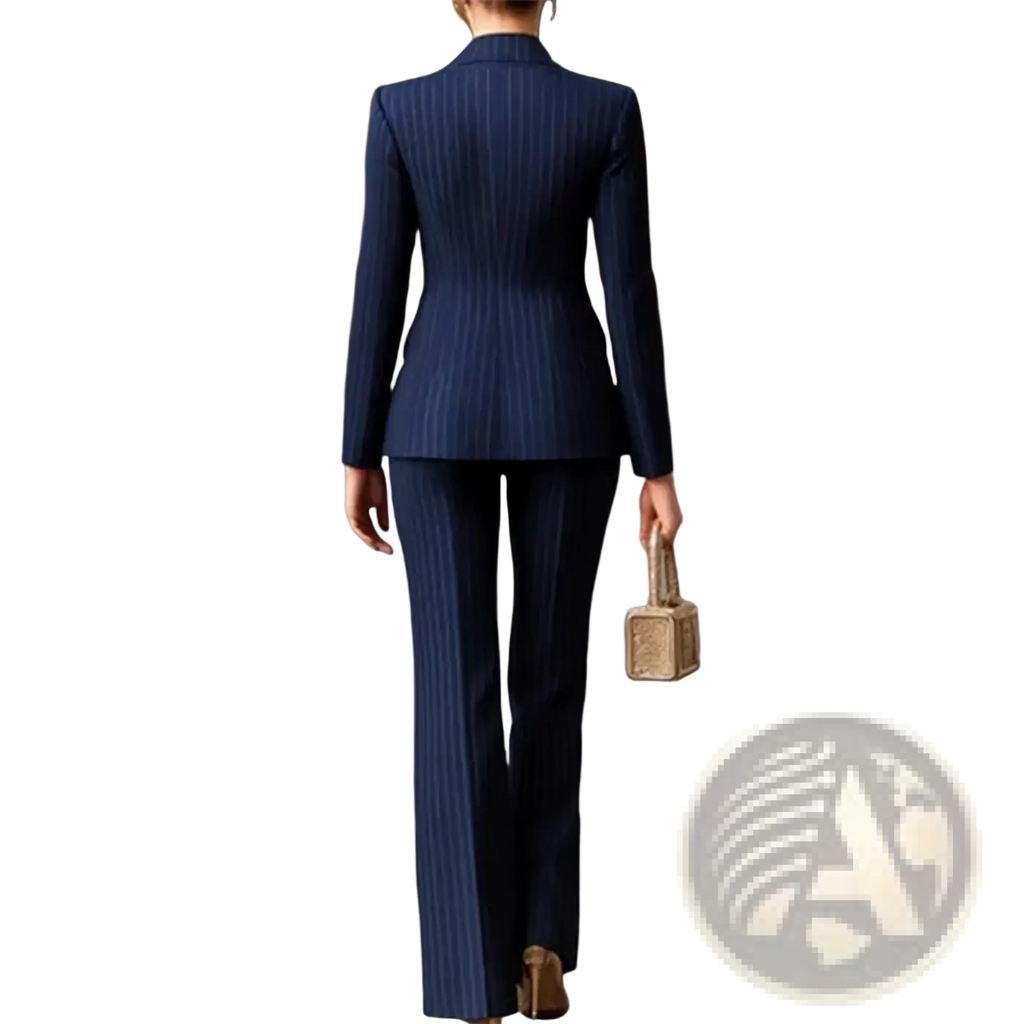 Navy blue pinstripe suit with tailored blazer and wide leg flared trousers perfect for formal occasions