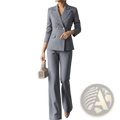 A tailored gray pinstripe blazer with gold buttons and matching flared trousers in a navy pinstripe suit design
