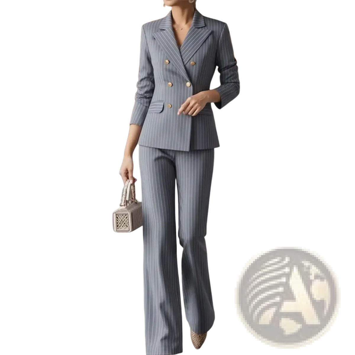 A tailored gray pinstripe blazer with gold buttons and matching flared trousers in a navy pinstripe suit design