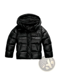 Black cotton puffer jacket with hood and quilted design shown from the back in navy quilted hooded cotton puffer jacket product