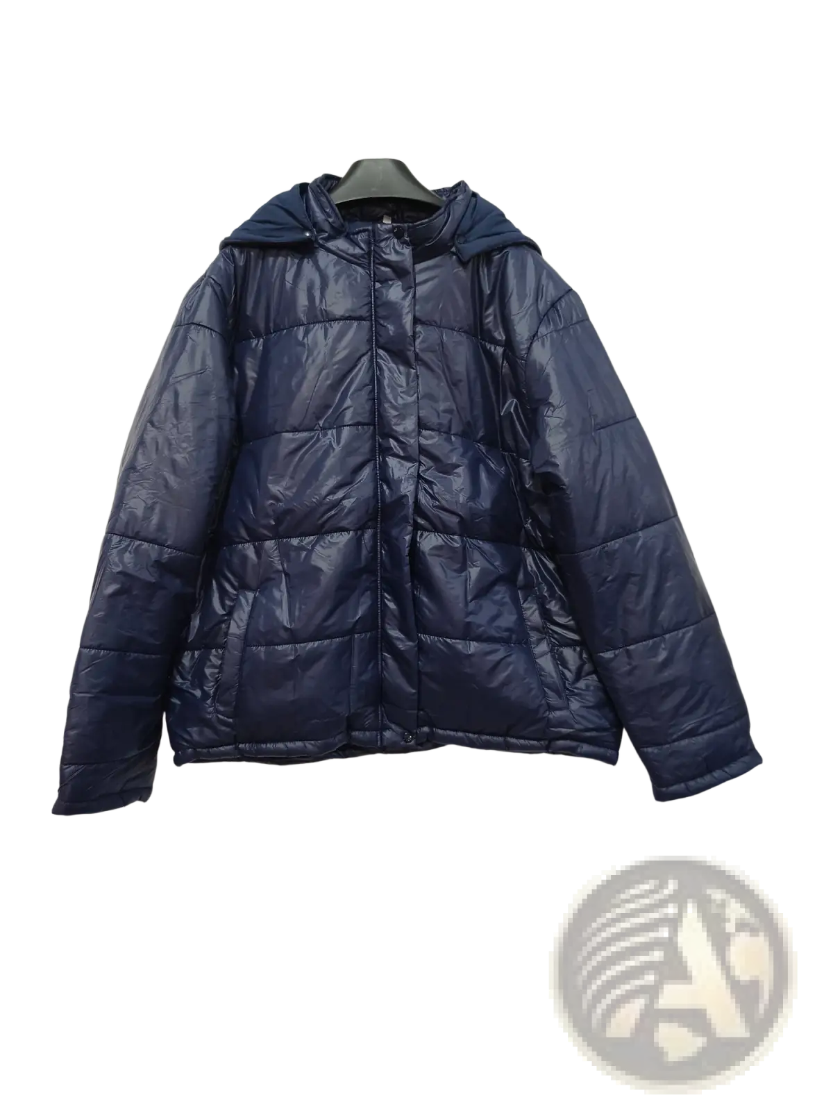 Navy quilted hooded cotton puffer jacket featuring a warm padded design for cold weather protection