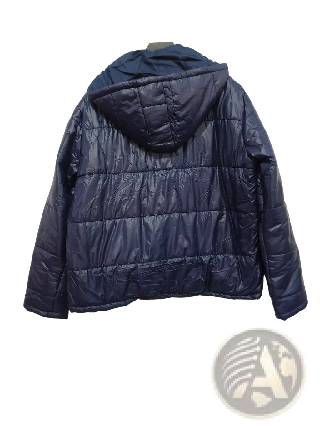 Navy quilted hooded cotton puffer jacket in dark blue featuring a warm insulated design for cold weather use