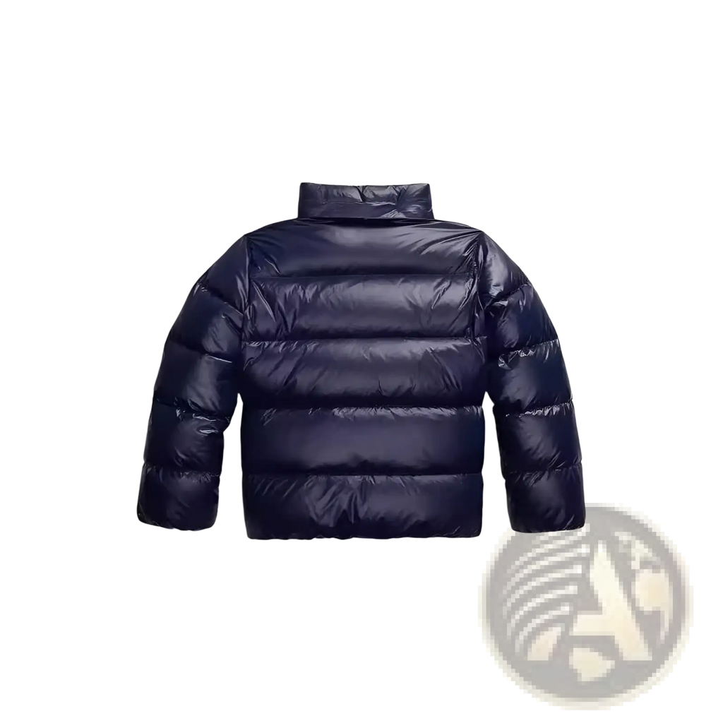Dark navy blue quilted hooded cotton puffer jacket with a shiny quilted exterior and a high collar