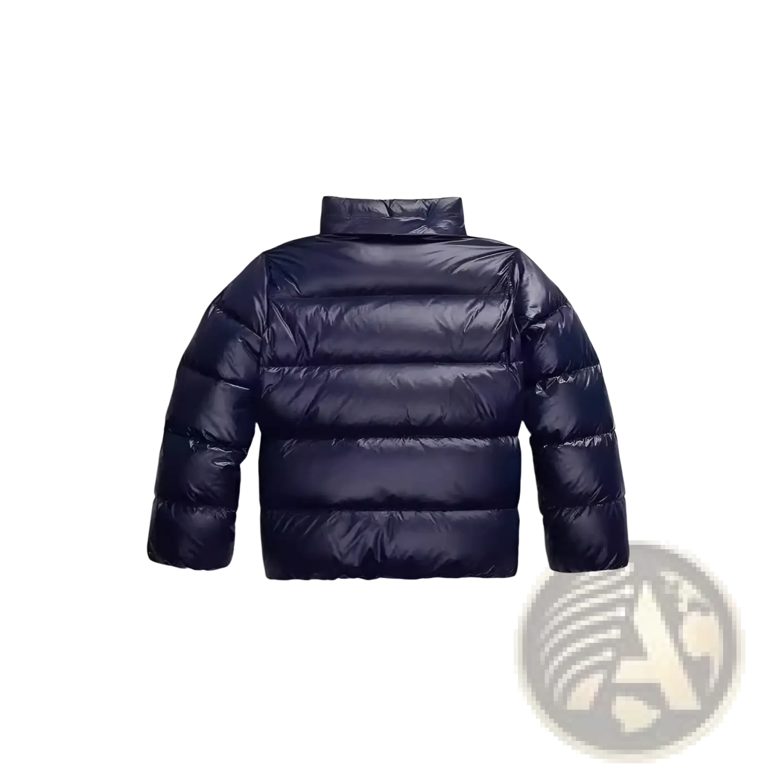 Dark navy blue quilted hooded cotton puffer jacket with a shiny quilted exterior and a high collar