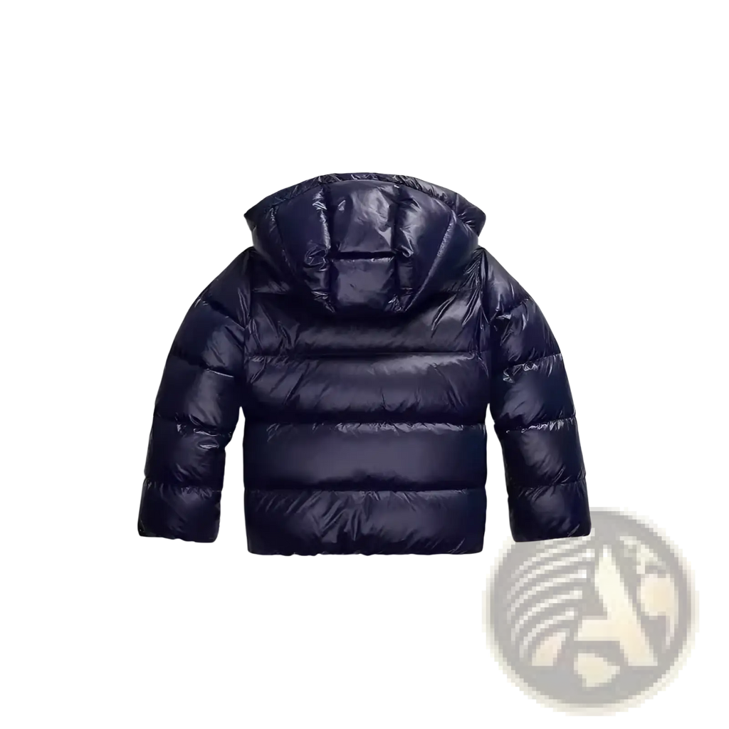 Dark navy blue quilted cotton puffer jacket with attached hood designed for warmth and style