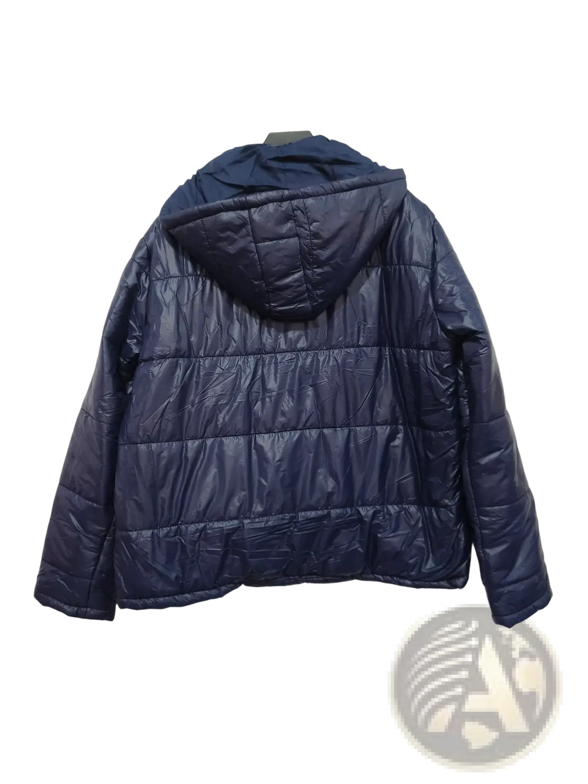 Navy quilted hooded cotton puffer jacket in dark blue with a hood designed for warmth and casual wear