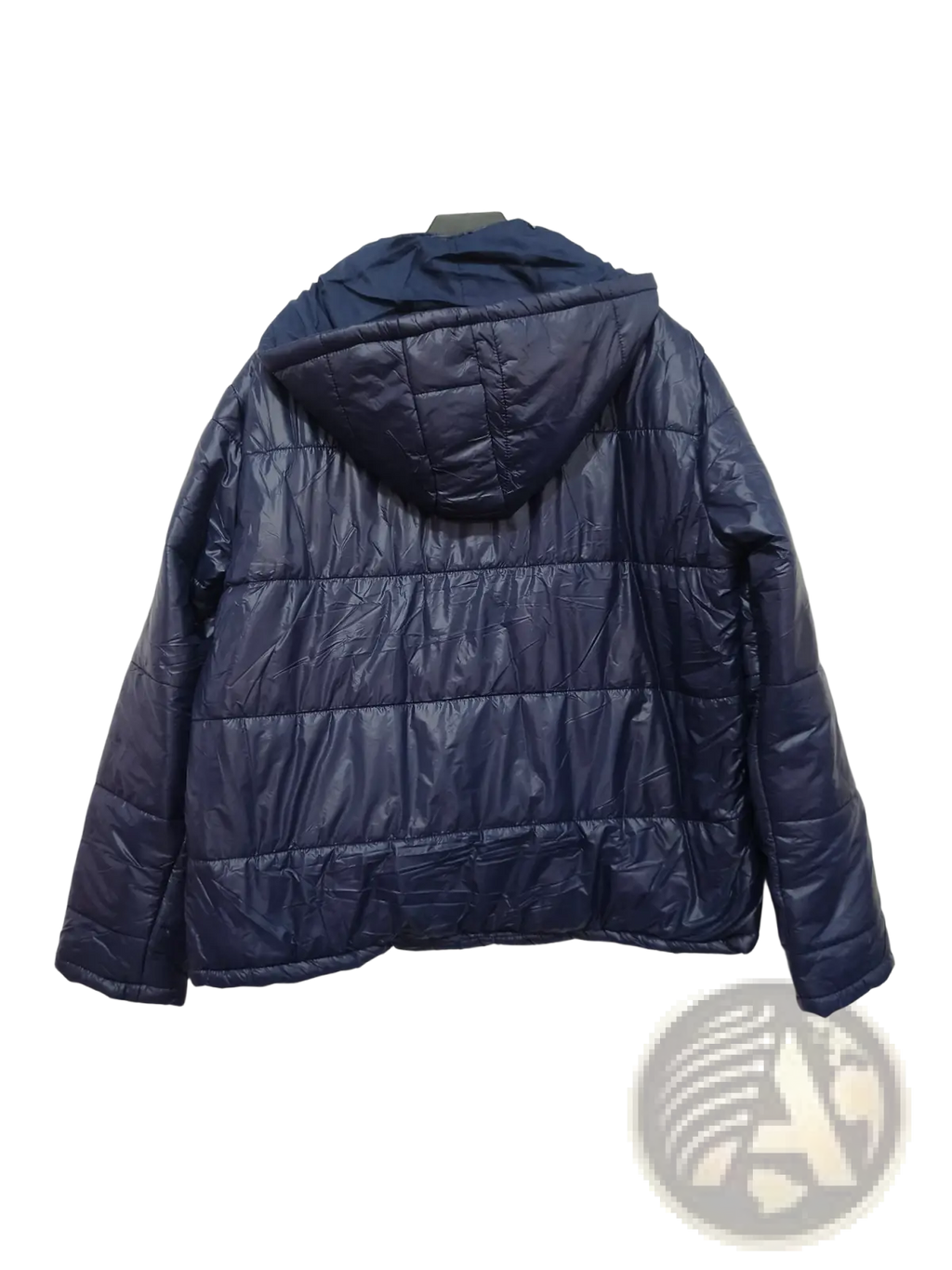 Navy quilted hooded cotton puffer jacket in dark blue with a hood designed for warmth and casual wear