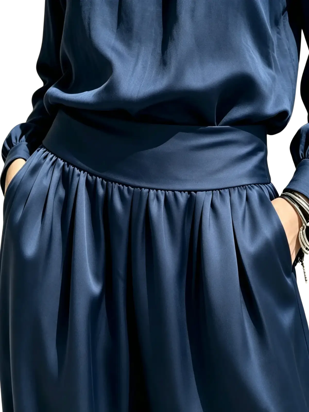 Navy satin blouse with gathered waistband and long sleeves as part of a wide leg pants set shown from the front