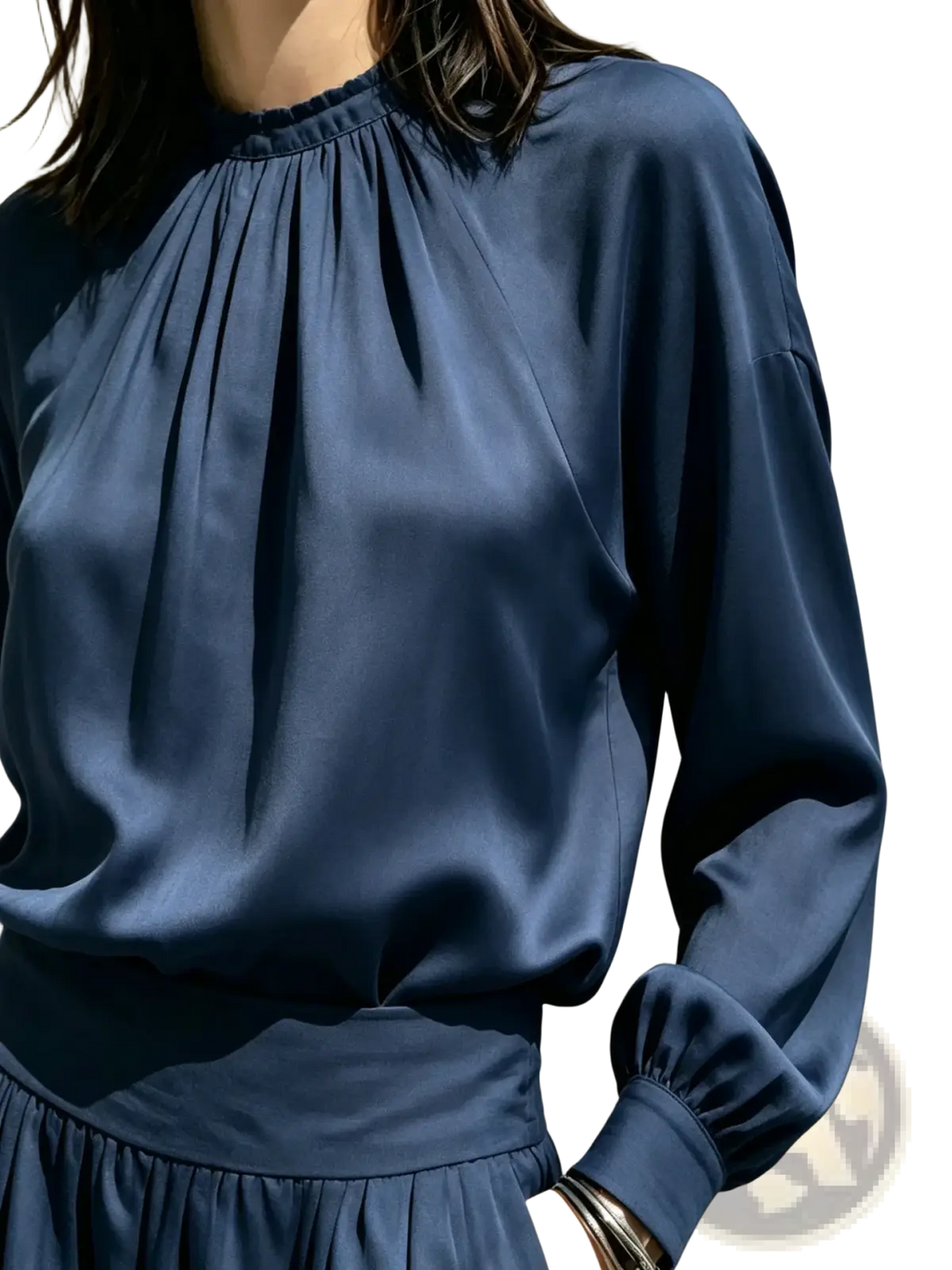 Navy satin blouse with high gathered neckline and long sleeves from the Navy satin blouse and wide leg pants set
