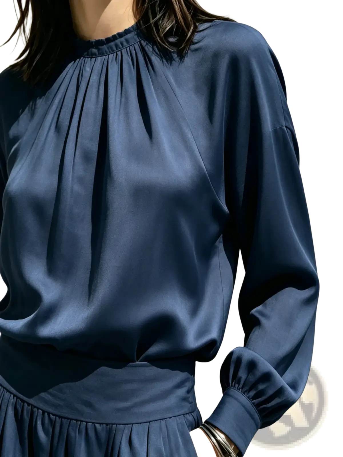 Navy satin blouse with high gathered neckline and long sleeves from the Navy satin blouse and wide leg pants set