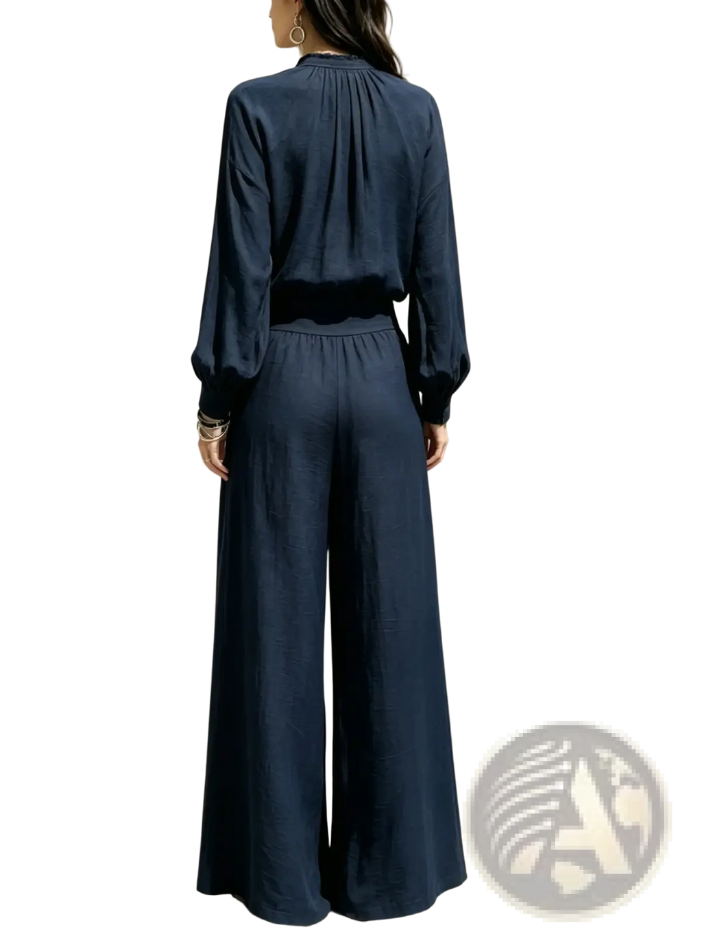 Navy satin blouse with gathered neckline and elastic waistband shown from the back in a wide leg pants set