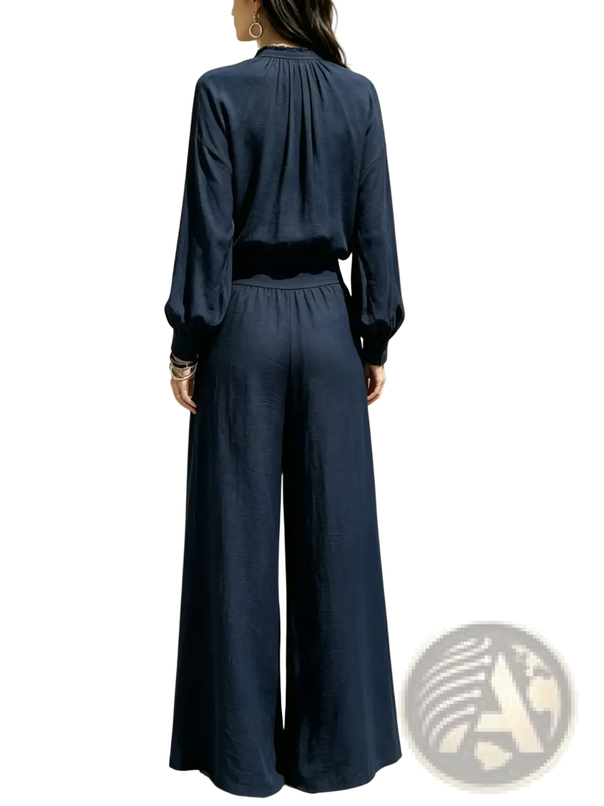 Navy satin blouse with gathered neckline and elastic waistband shown from the back in a wide leg pants set