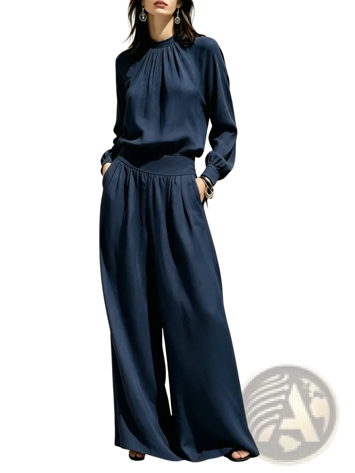 Navy satin blouse with high neckline and long sleeves made of silk paired with wide leg pants set