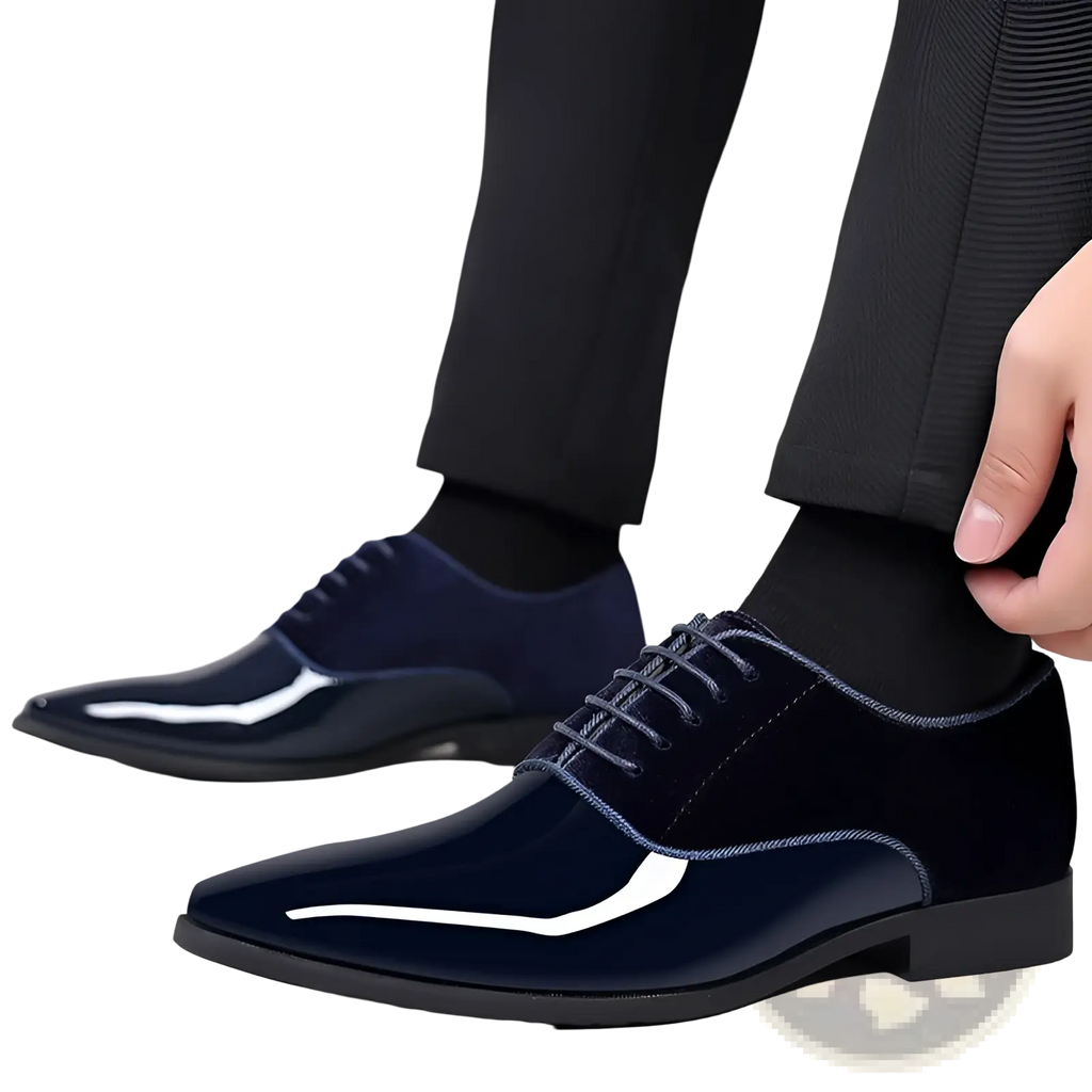 Navy two tone velvet and patent leather oxford shoes featuring navy blue patent leather and white contrast stitching