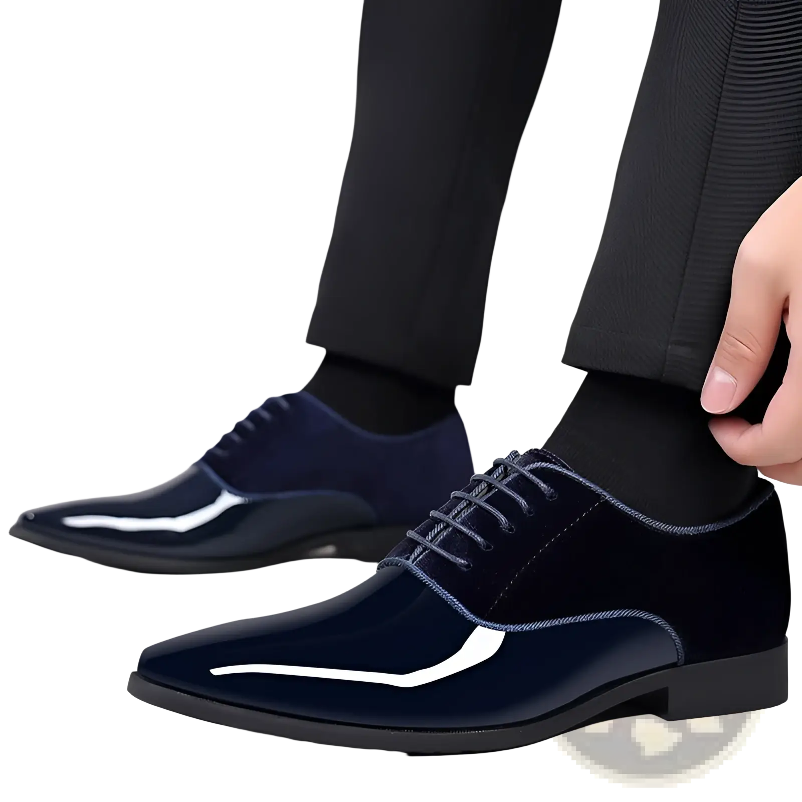 Navy two tone velvet and patent leather oxford shoes featuring navy blue patent leather and white contrast stitching