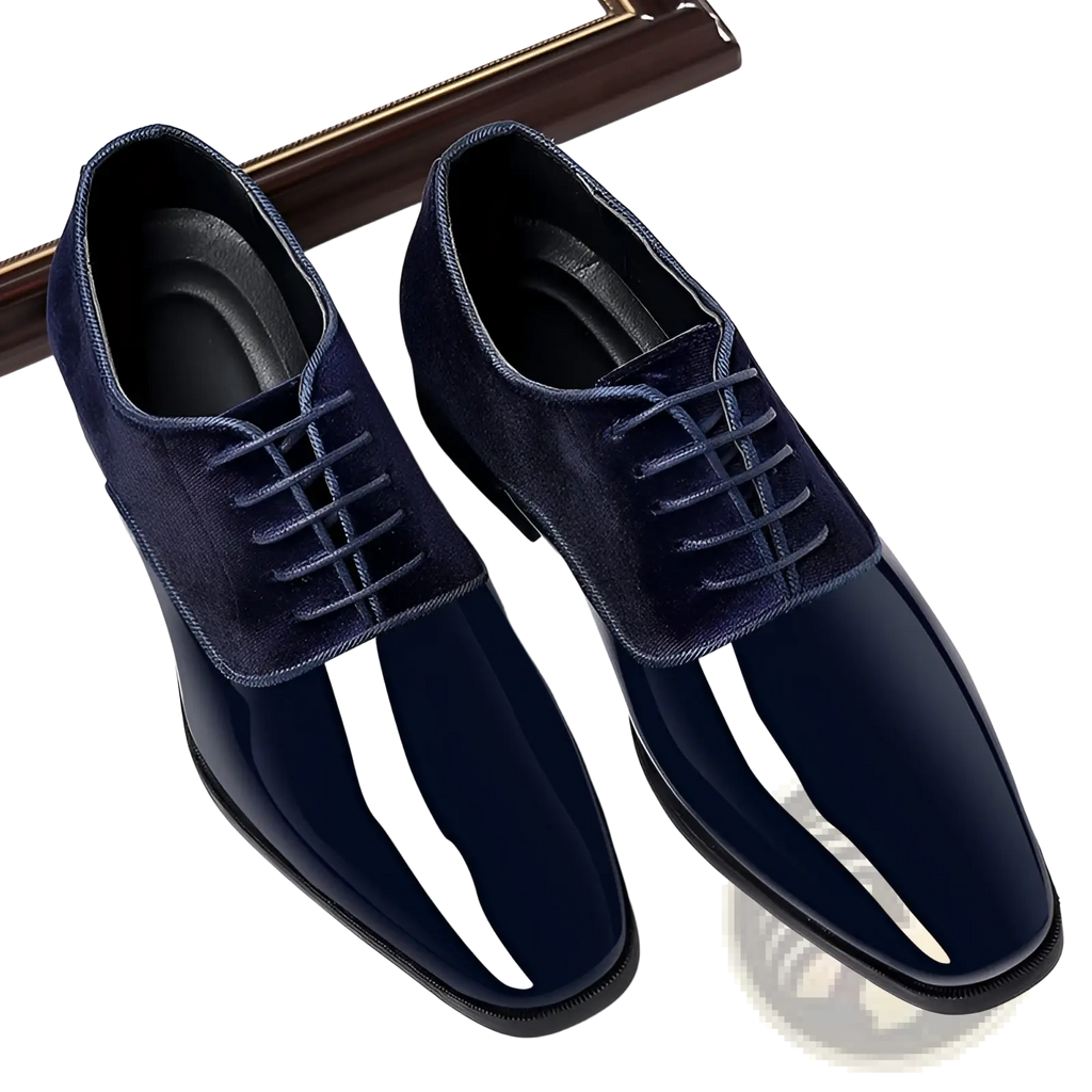 Navy two tone velvet and patent leather oxford shoes featuring velvet upper panels and glossy patent toe caps