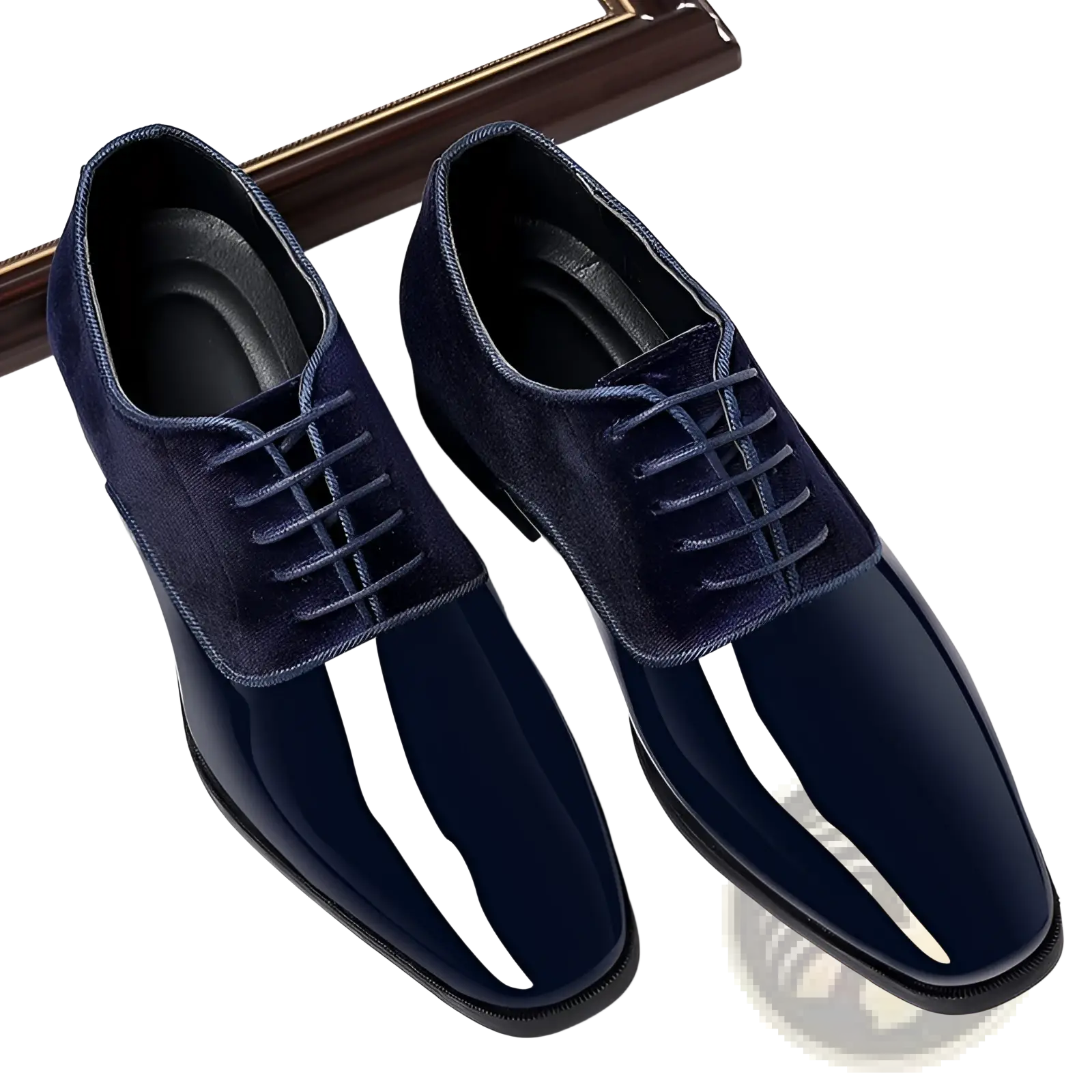 Navy two tone velvet and patent leather oxford shoes featuring velvet upper panels and glossy patent toe caps