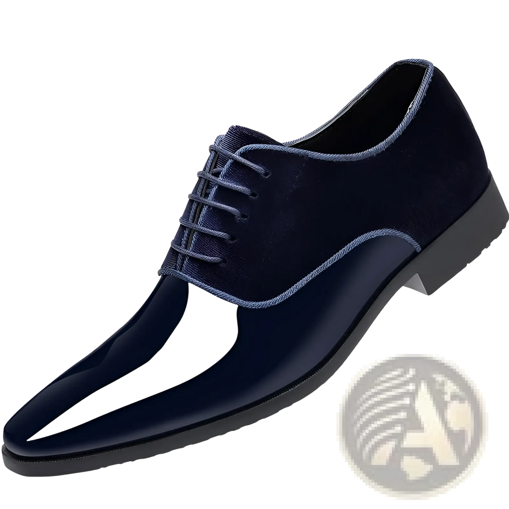 Navy two tone velvet and patent leather oxford shoe with glossy patent leather toe cap and suede upper with matching laces