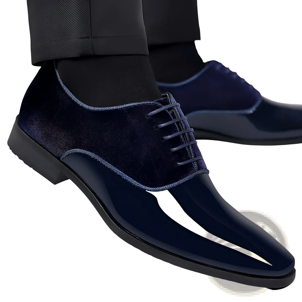 Navy two tone velvet and patent leather oxford shoe with glossy toe cap and matching navy laces