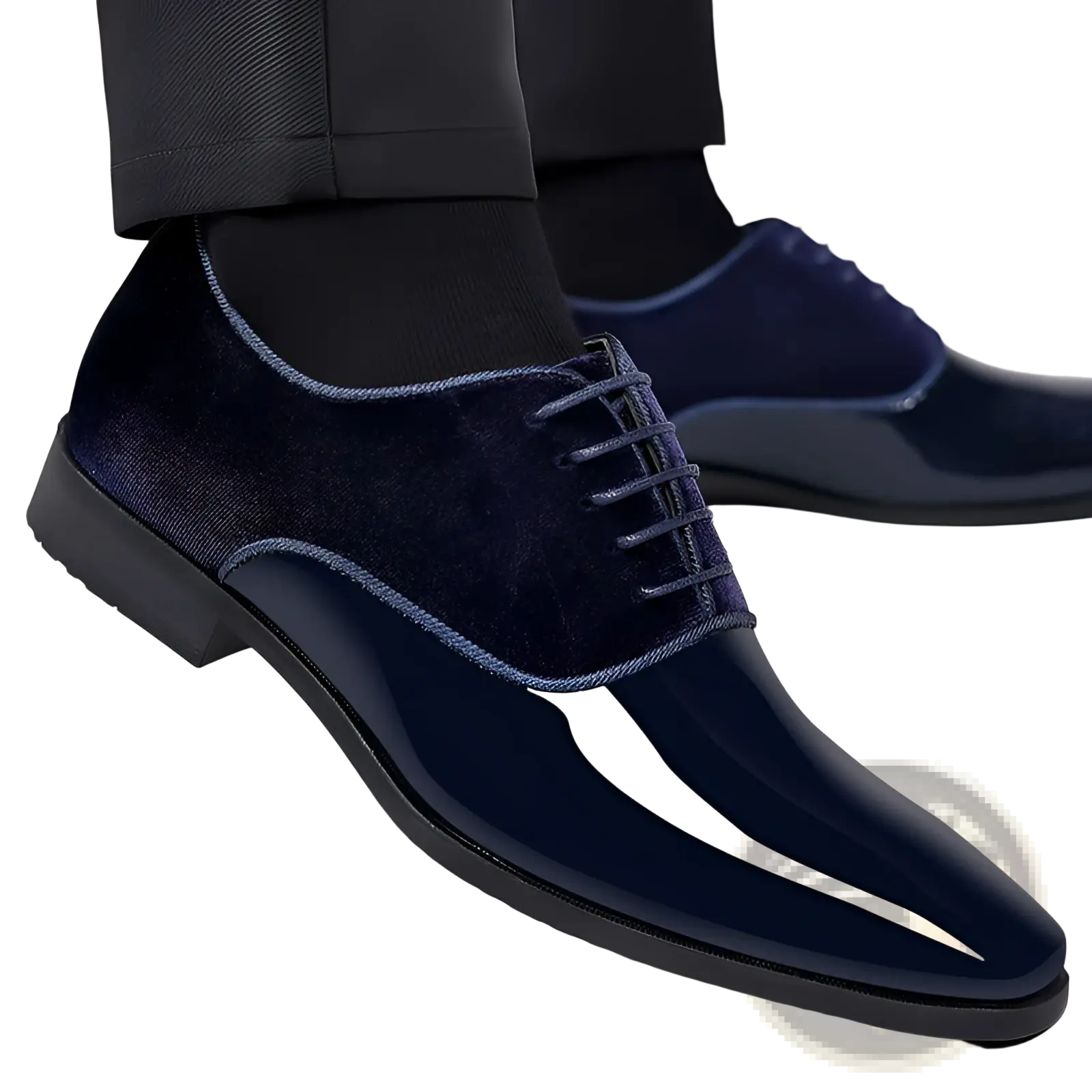 Navy two tone velvet and patent leather oxford shoe with glossy toe cap and matching navy laces