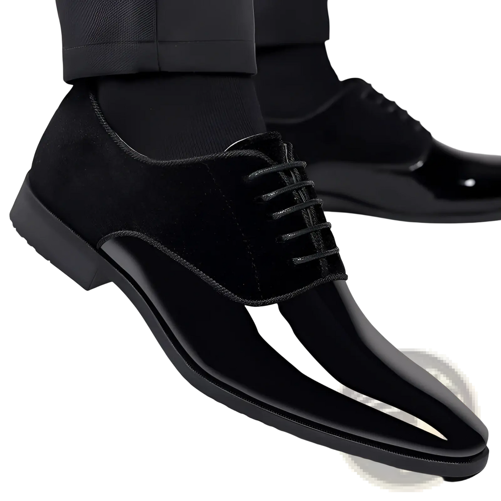Black men’s navy two tone velvet and patent leather oxford shoes with glossy patent leather toe cap and suede upper