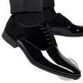 Black men’s navy two tone velvet and patent leather oxford shoes with glossy patent leather toe cap and suede upper