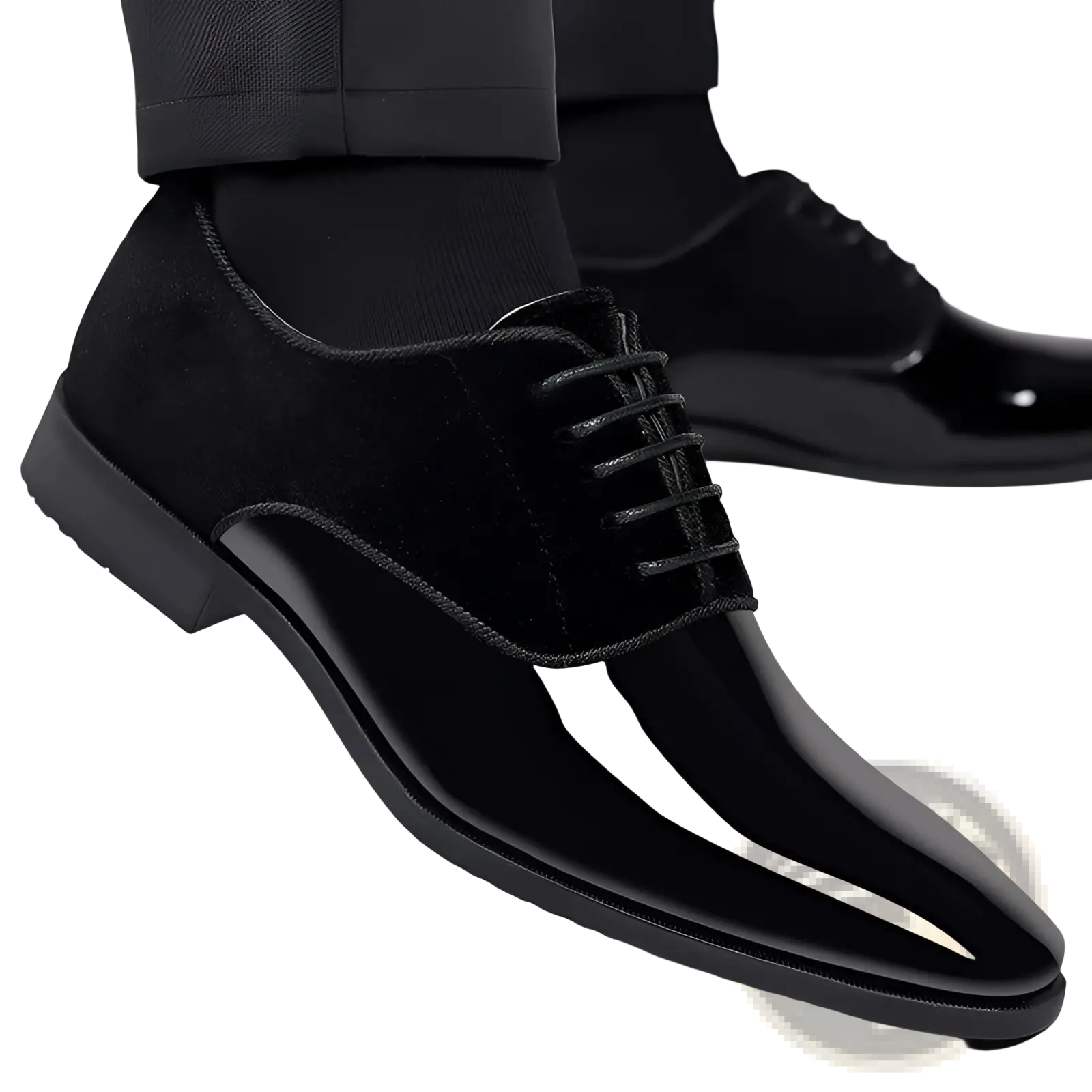 Black men’s navy two tone velvet and patent leather oxford shoes with glossy patent leather toe cap and suede upper