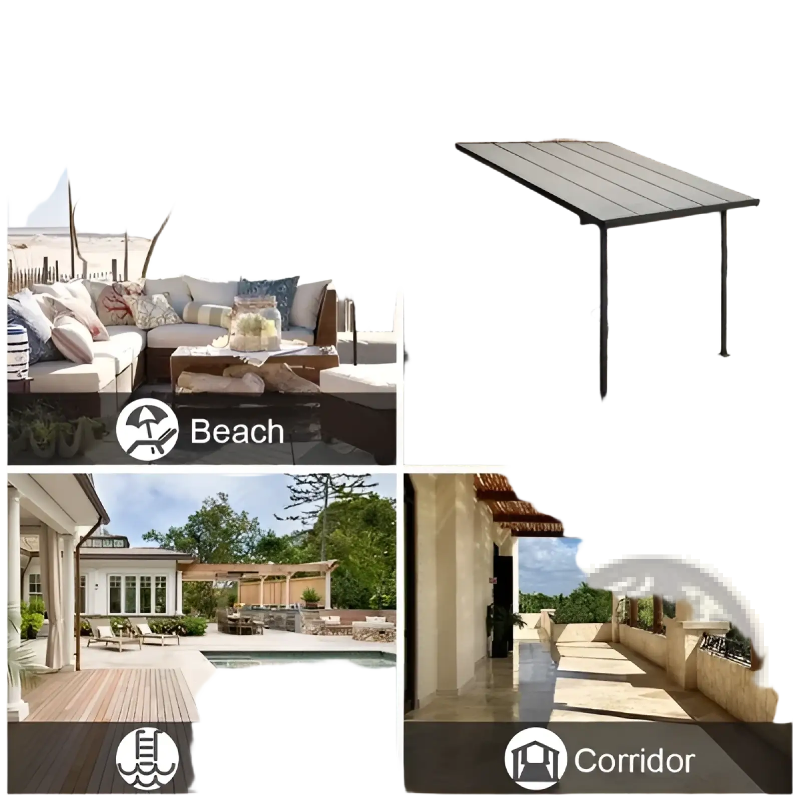 Black metal patio cover with sleek modern design shown with navy woolen outdoor curtain with hanging straps