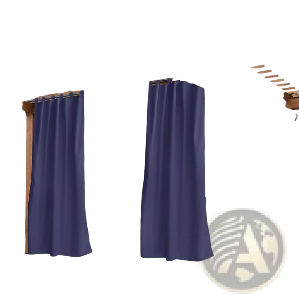 Deep navy blue woolen outdoor curtains with hanging straps hanging from a wooden pergola