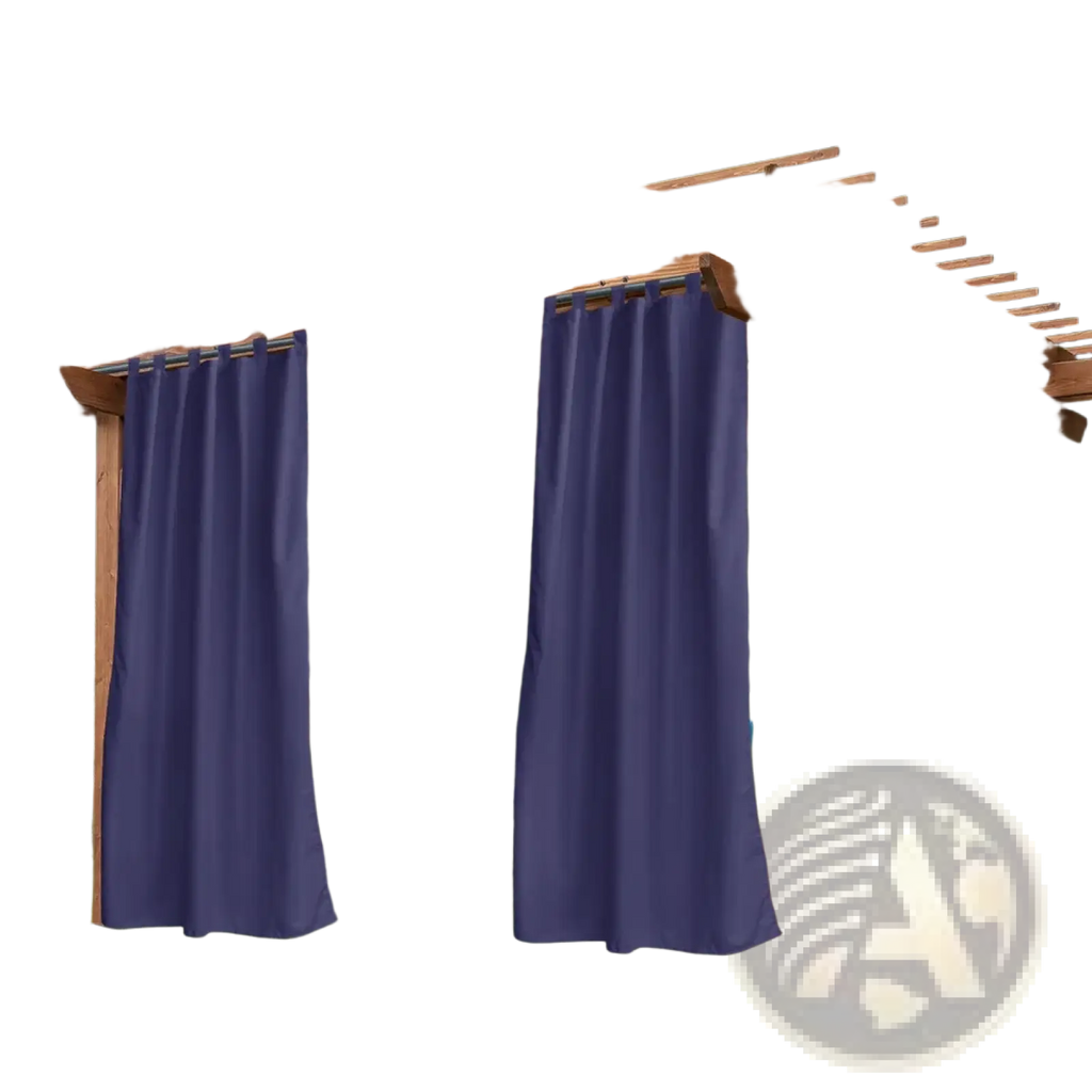 Deep navy blue woolen outdoor curtains with hanging straps hanging from a wooden pergola for outdoor use