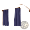 Deep navy blue woolen outdoor curtains with hanging straps hanging from a wooden pergola for outdoor use