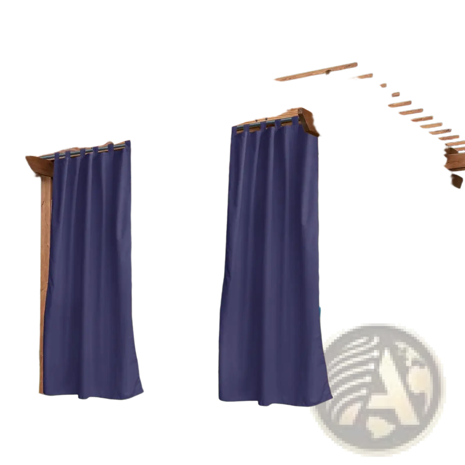 Deep navy blue woolen outdoor curtains with hanging straps hanging from a wooden pergola for outdoor use
