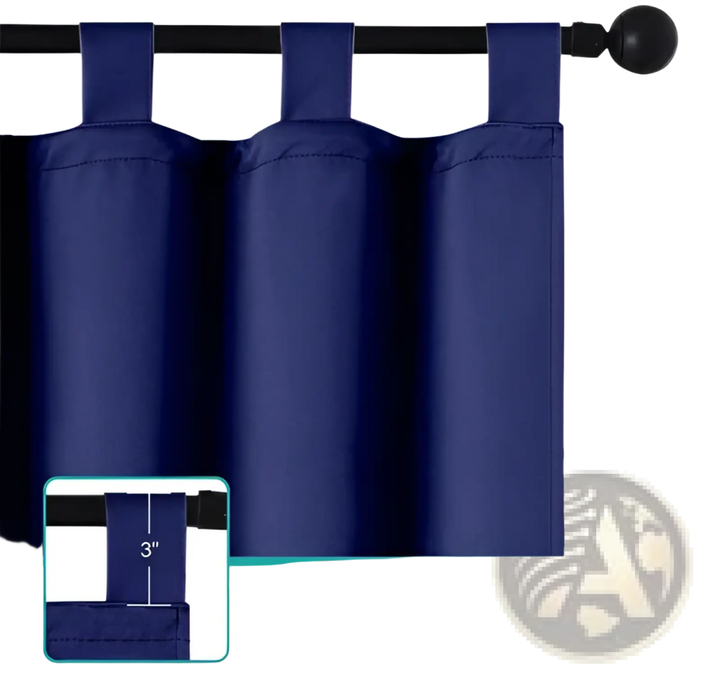 Navy woolen outdoor curtain in navy blue with tab-top hanging straps and smooth solid fabric finish