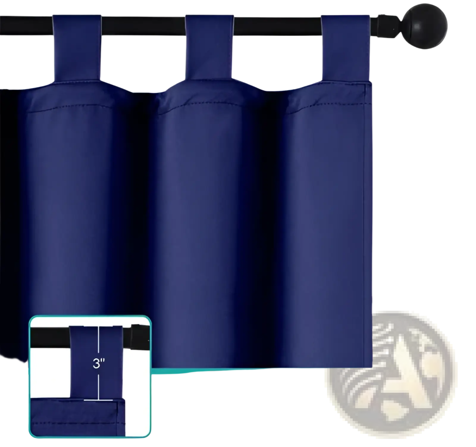 Navy woolen outdoor curtain in navy blue with tab-top hanging straps and smooth solid fabric finish