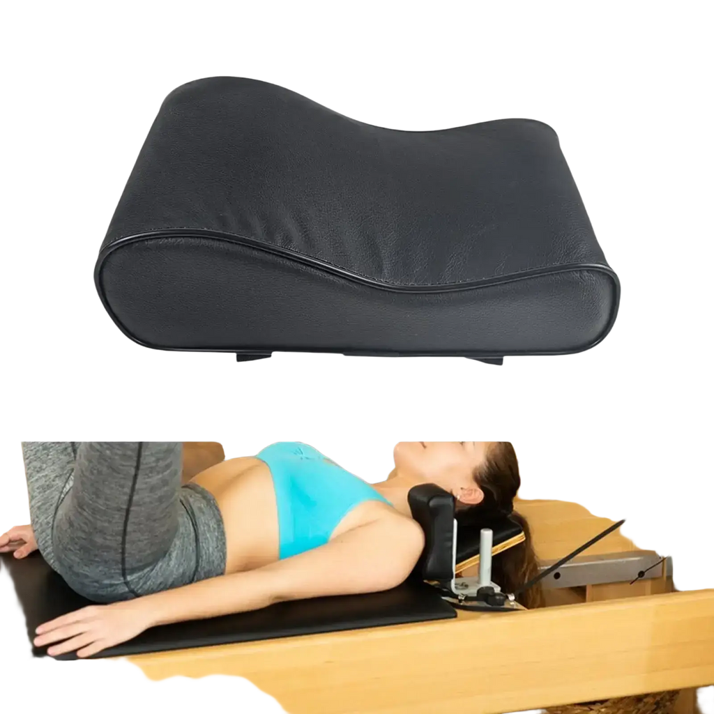 Black contoured memory foam neck support pillow with stitched edges for Pilates reformer use and optimal neck support