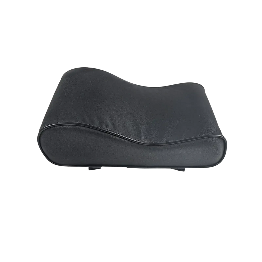 Black ergonomic neck support pillow with smooth contoured design and stitched edges for pilates reformer use