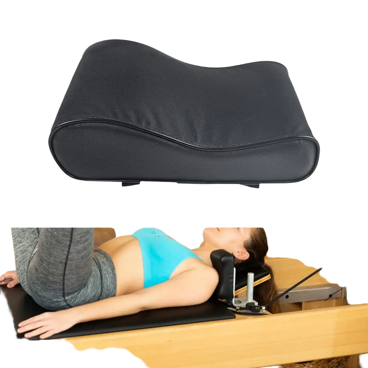 Black leather neck support pillow made of pu leather for pilates reformer providing ergonomic neck support