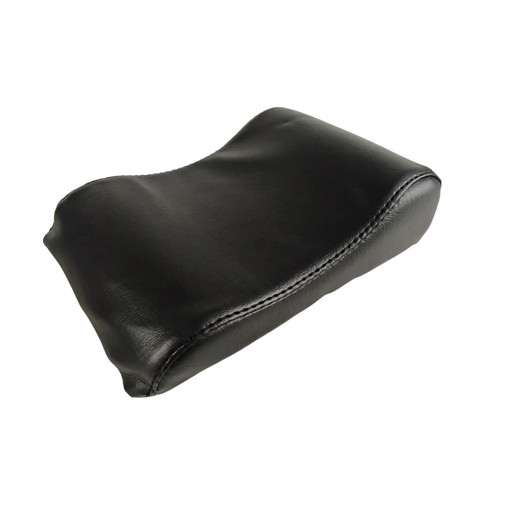 Black faux leather contoured neck support pillow with stitched edges for pilates reformer neck support