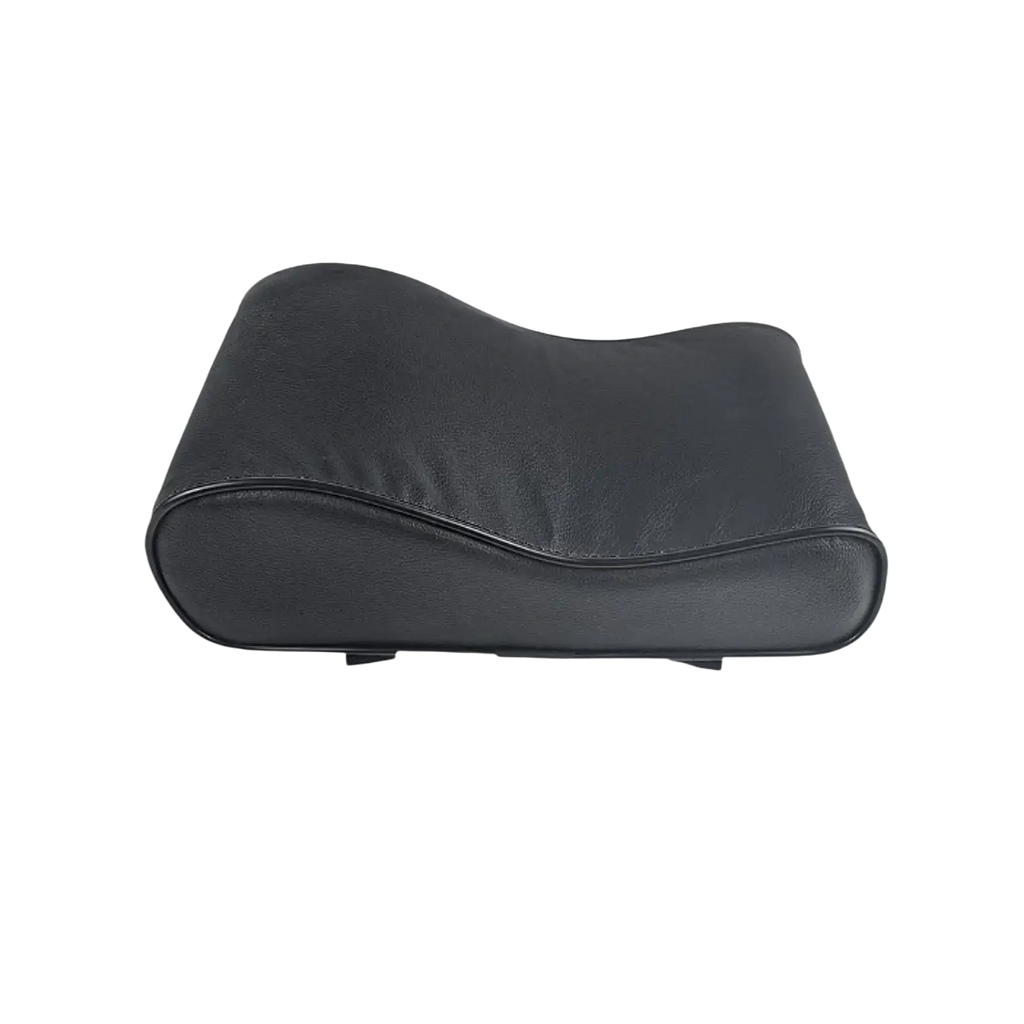 Black faux leather neck support pillow with contoured ergonomic design for pilates reformer neck support