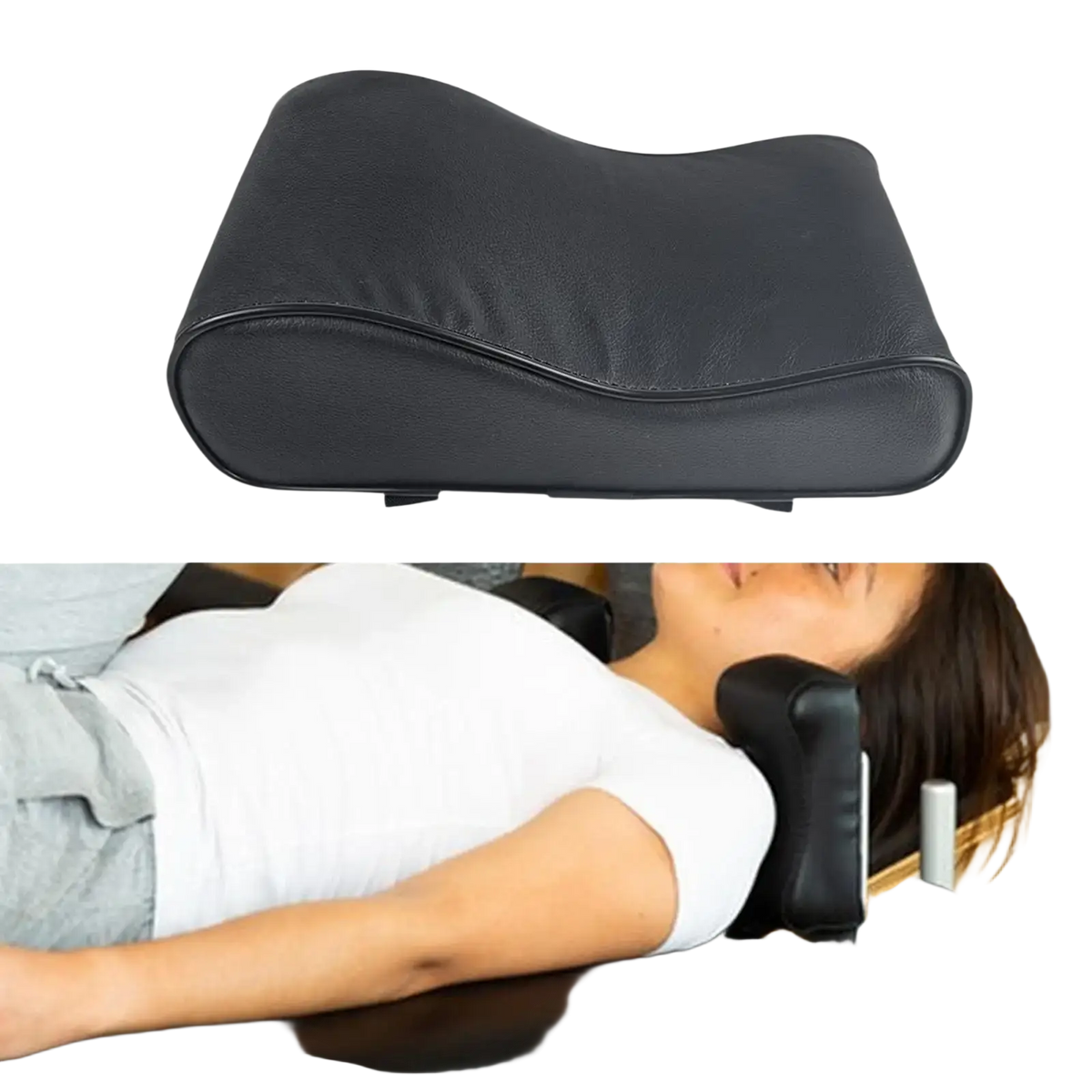 Black leather-like neck support pillow with contoured shape and adjustable straps for pilates reformer use