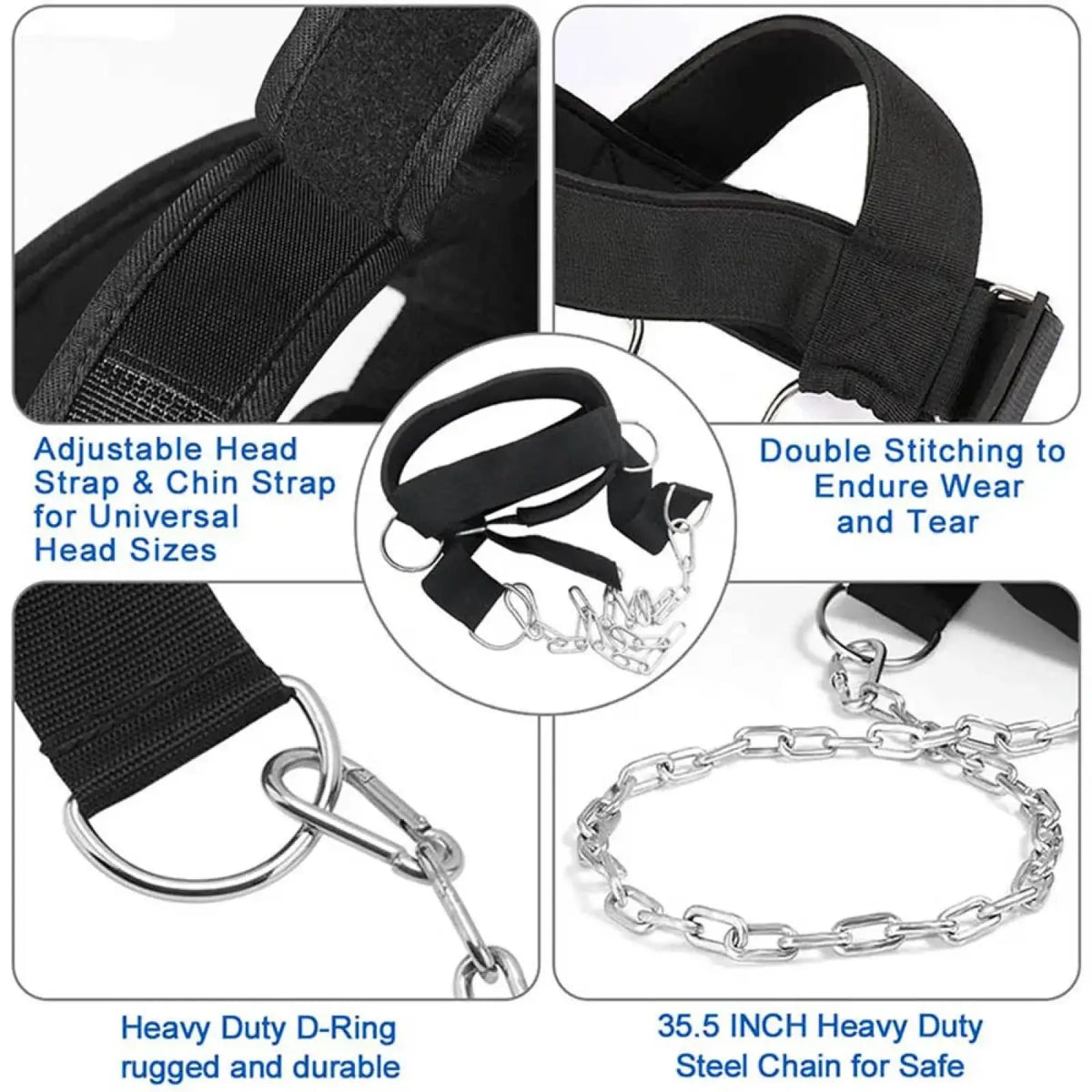 Black neck training head harness with adjustable strap heavy-duty steel chain and durable d-rings for strength building