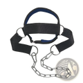 Neck training head harness with black exterior blue inner lining and silver metal chain attachments for strength building