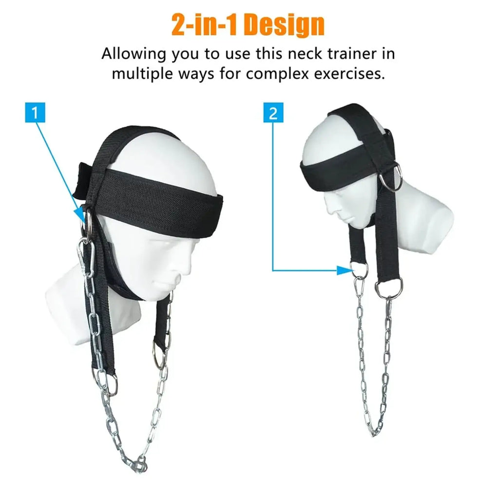 Black fabric neck training head harness with silver metal chains and d-rings for strength and muscle building