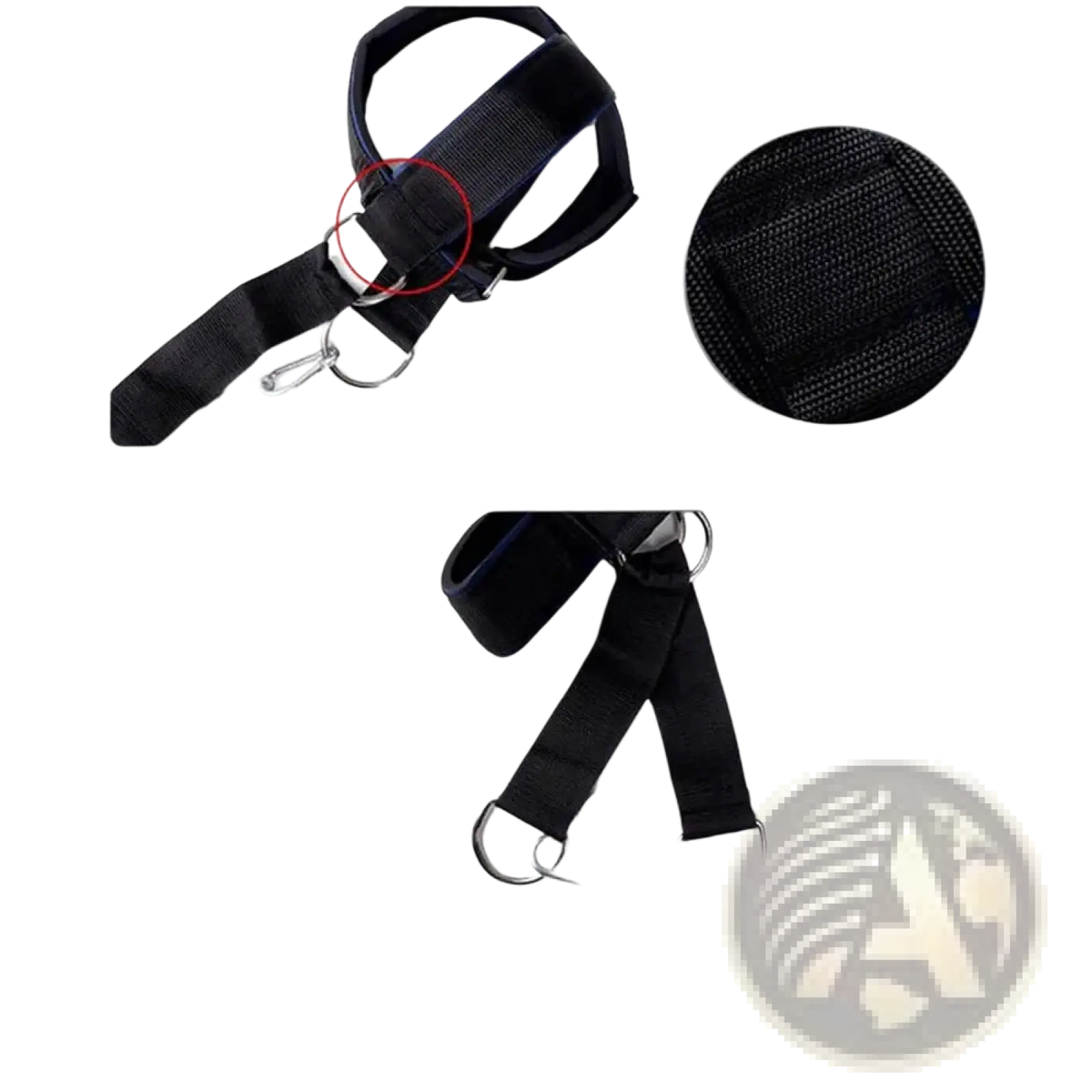 Black neoprene neck training head harness with silver metal chain and d-rings for strength and muscle building
